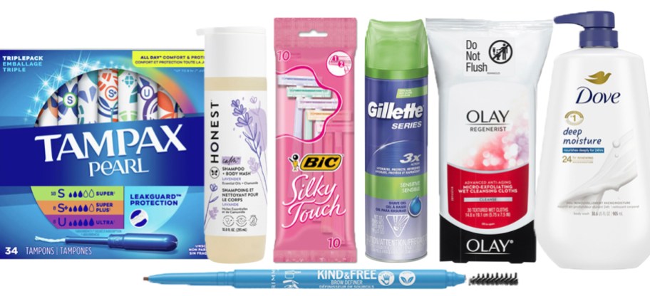 tampax, honest, bic razors, gillette shaving cream, olay wipes, dove body wash, and brow definer 