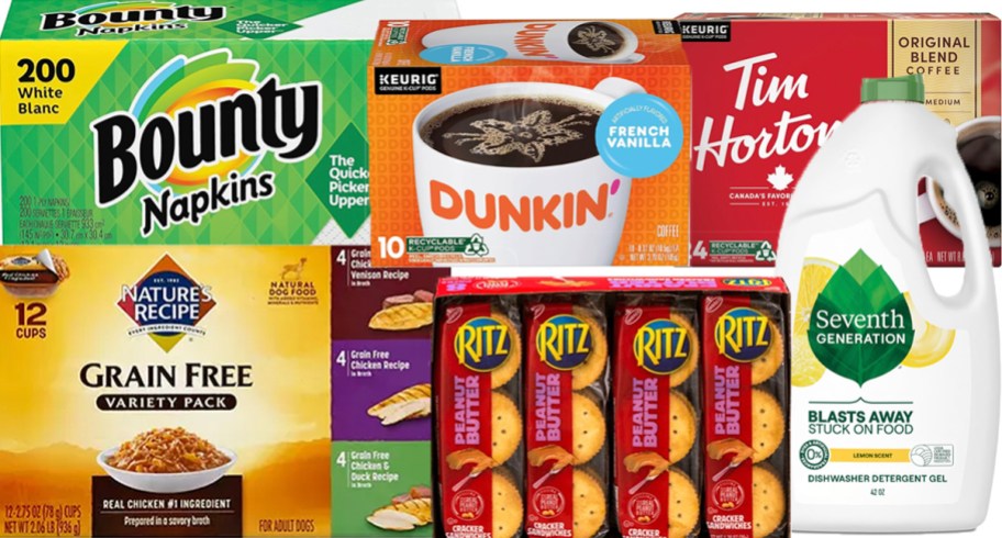 bounty napkins, dunkin kcups, tim hortons kcups, ritz crackers, and seventh generation dish soap