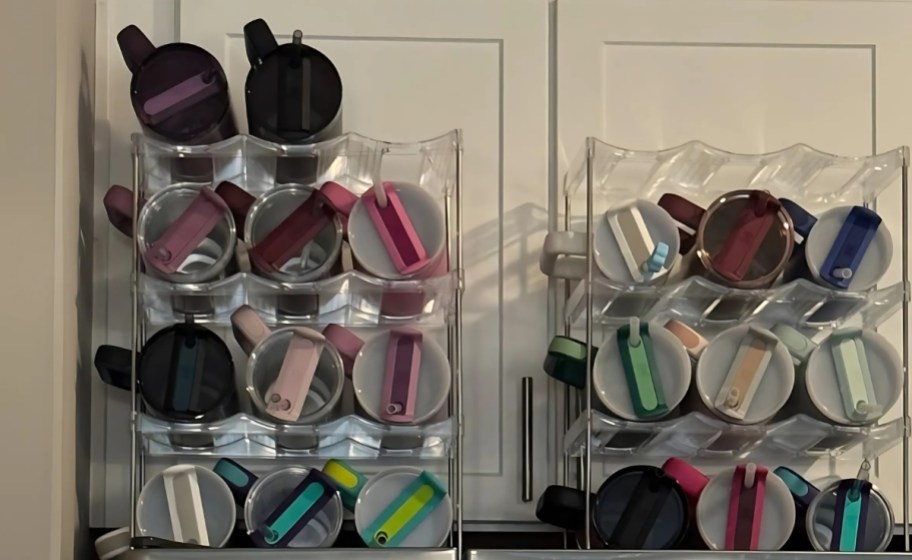 a tumbler organizer filled with tumblers on top of a refrigerator 