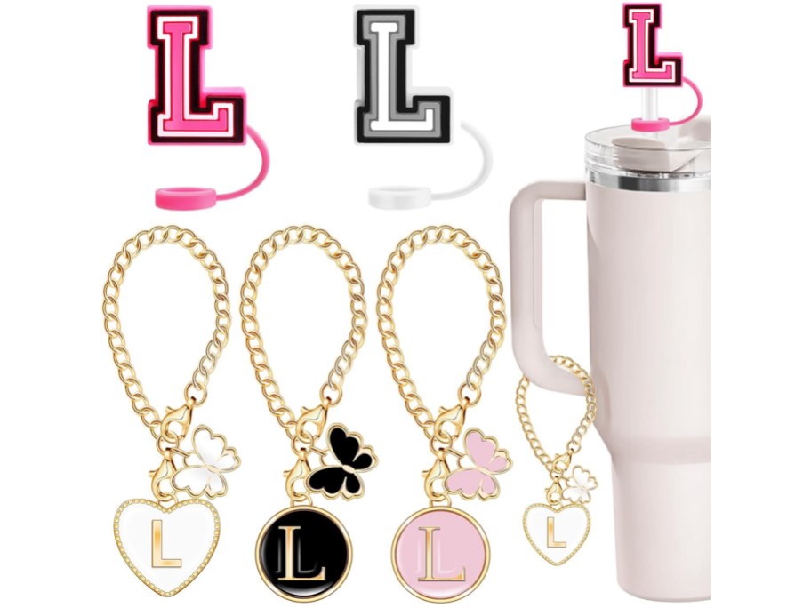 2 Silicone Straw Toppers w: 3 Personalized Initial Charms