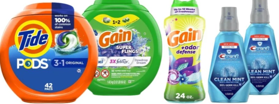 a container of Tide Pods, a container of Gain Pods, a bottle of Gain Flings, and 2 bottles of Crest Mouthwash