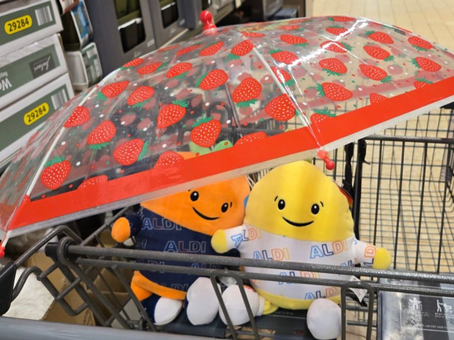 Two Aldi food Plushies and a Kids Umbrella in a cart