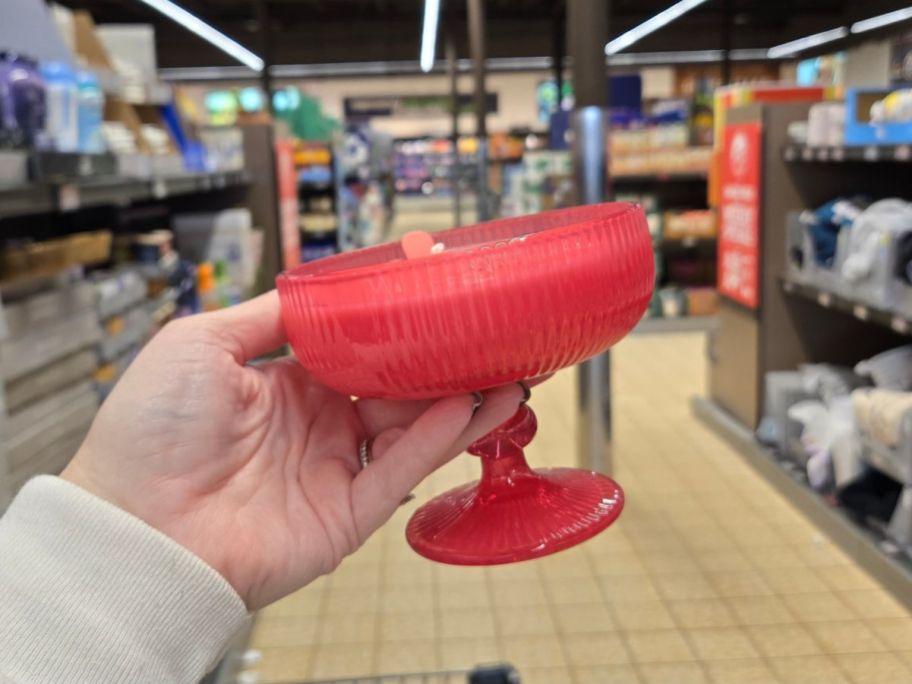 An Aldi Kirkton Scented Candle in a champagne glass