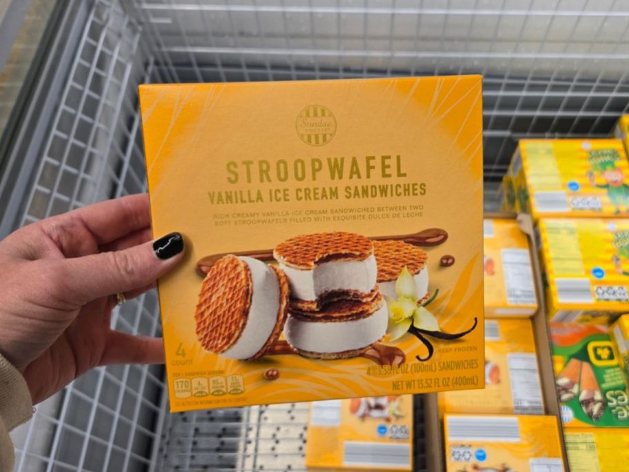 A person holding a box of Aldi Stroopwafel Ice Cream Sandwiches