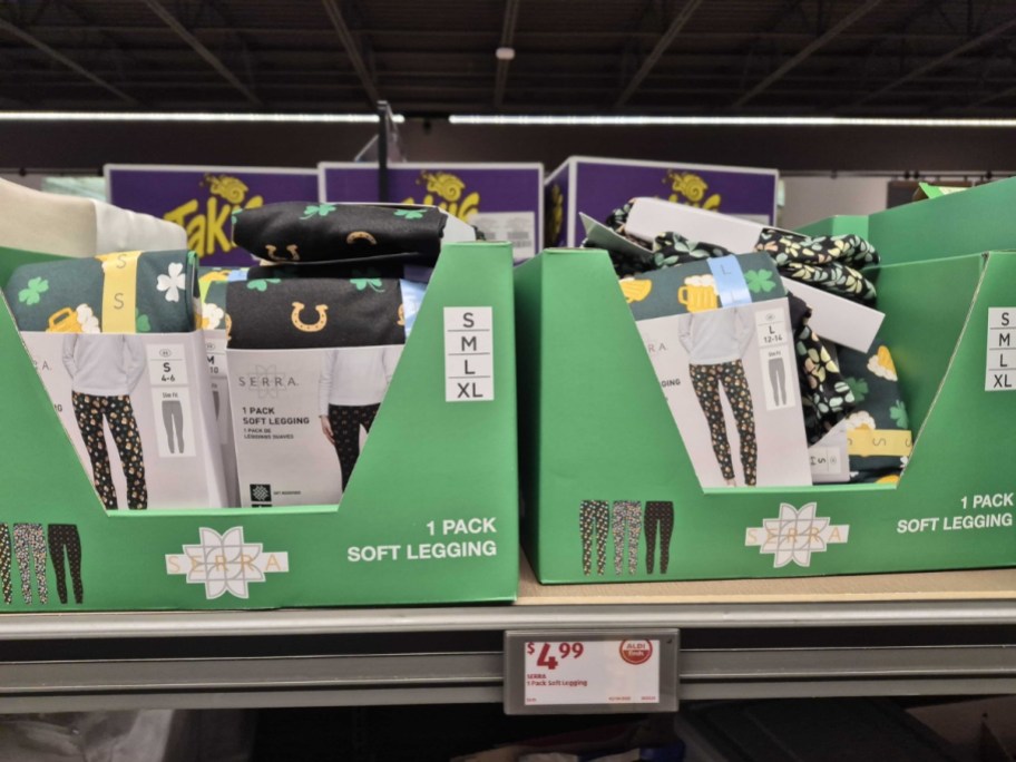 boxes of women's soft st. patrick's day leggings on store shelf