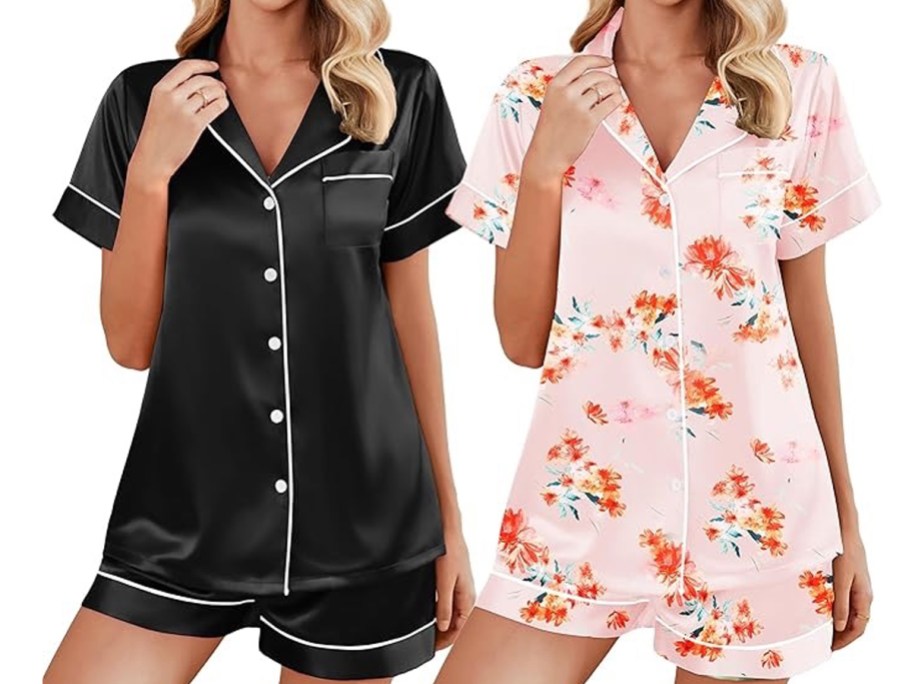 two women modeling EKOUAER Women's Satin Pajama Top & Shorts Set 