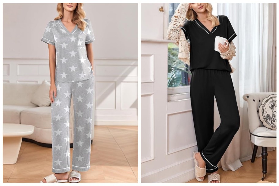 two women wearing the EKOUAER Women's V Neck Top and Lounge Pants Pajama Set