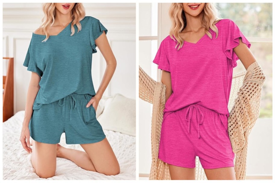 2 women wearing the EKOUAER Women's V-Neck and Shorts Pajama Set