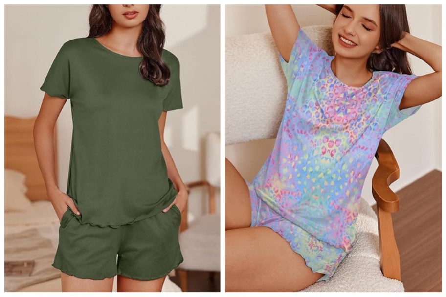 2 women wearing EKOUAER Women's Summer Top & Shorts Pajama Set in two patterns