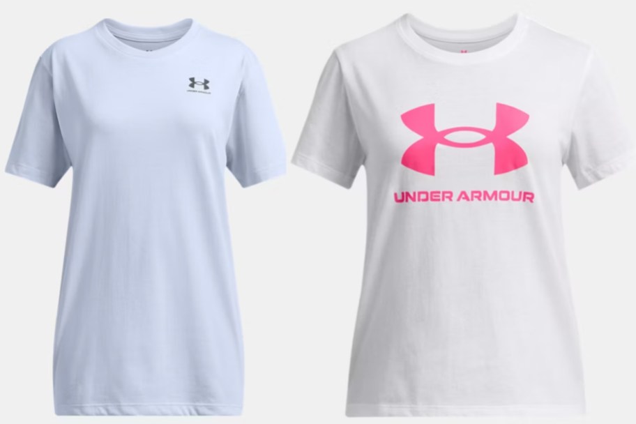 two white girls shirts one with UA logo