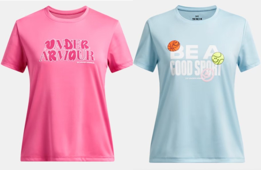 pink and light blue girls shirts with words on front