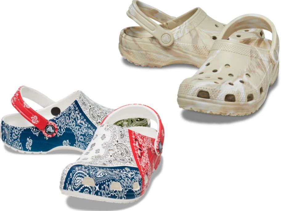 Stock images of bandana print and marbled adult Crocs clogs