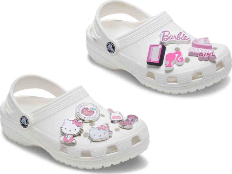 stock images of hello kitty and barbie jibbitz in white crocs clogs