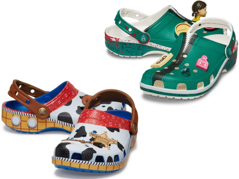 Stock images of Toy Story Woody and Squid Game Crocs Clogs