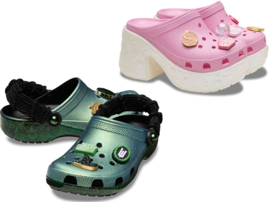 Stock images of Elphaba and Glinda Wicked Crocs shoes