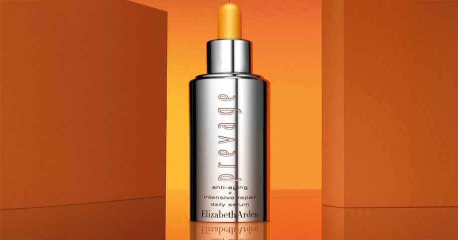 Elizabeth Arden PREVAGE + Intensive Repair Daily Serum on an orange background