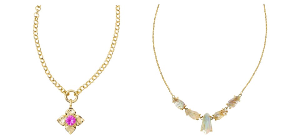 kendra scott pink neclace and a gemstone necklace