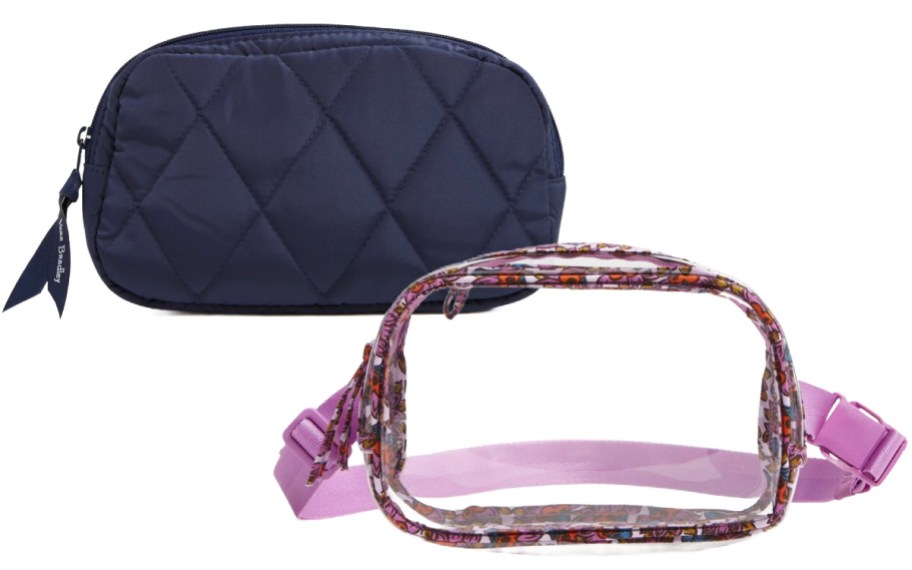 navy quilted belt bag and clear belt bag with lavender strap