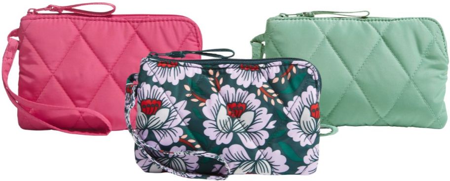 three colorful quilted wristlets