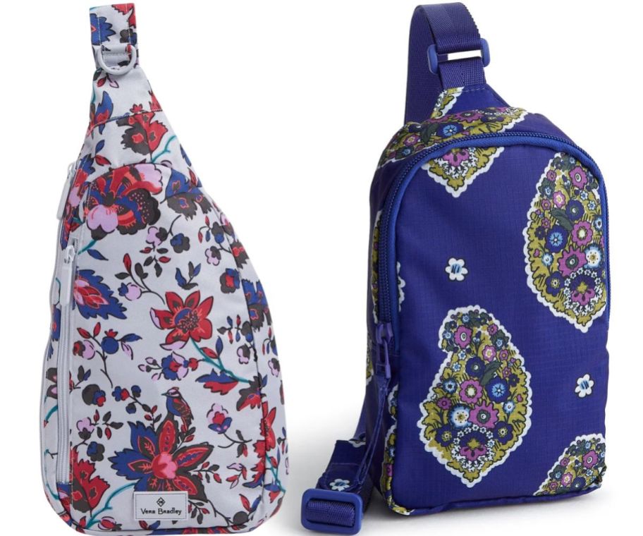 two patterned sling backpacks