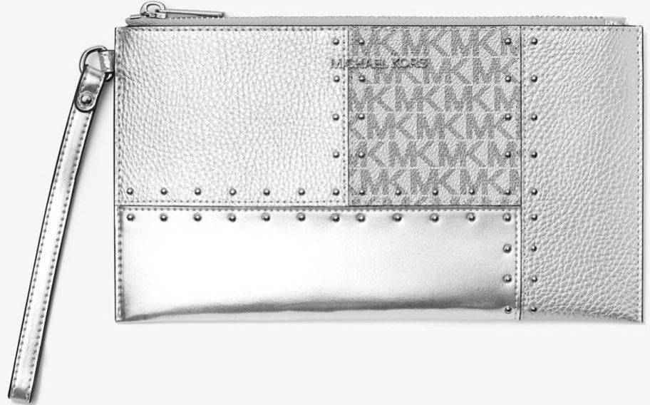 small silver patchwork wristlet