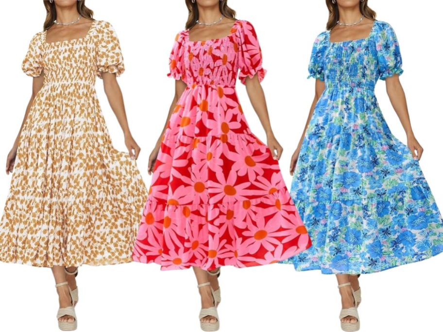 three women wearing Women's Prettygarden Boho Floral Print Dresses