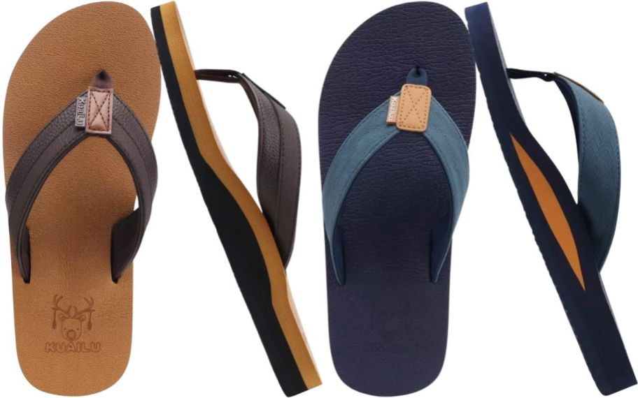 two pair of mens flip flops in 2 different colors