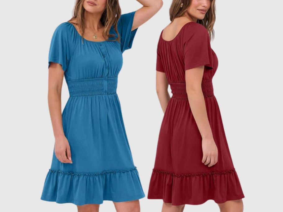 2 women wearing Anrabess Flowy Tiered Mini Sundresses