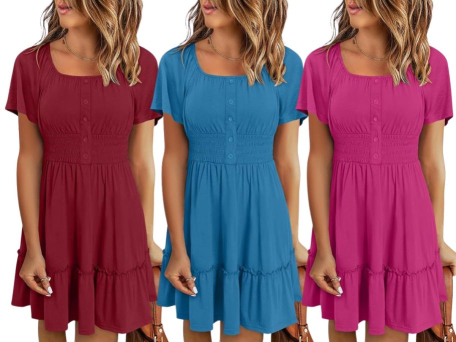 3 women wearing Anrabess Short Sleeve Button Down Sundresses