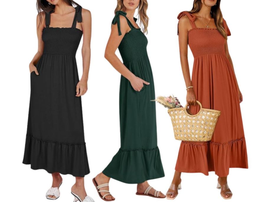 3 women wearing Anrabess Flowy Tiered Maxi Dresses