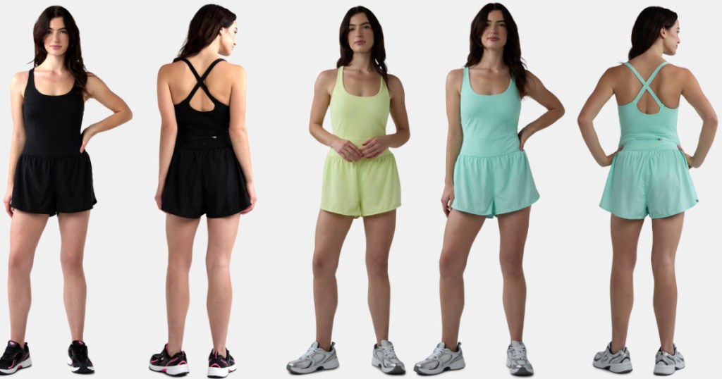 women wearing different colored rompers