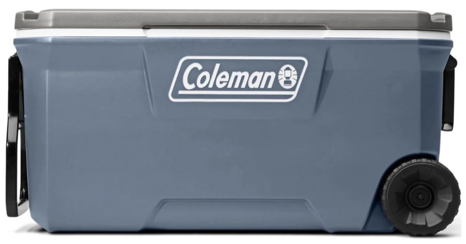 a large blue Coleman wheeled cooler with a handle