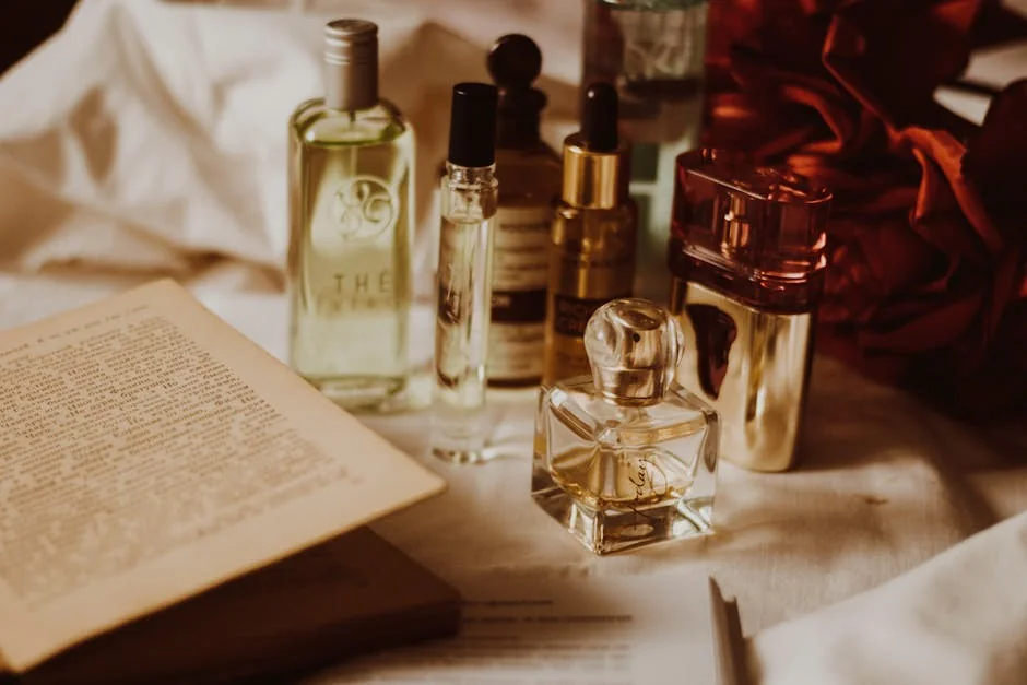 Aesthetic still life of assorted perfume bottles and an open book on a table. - active perfume voucher codes for first time buyers
