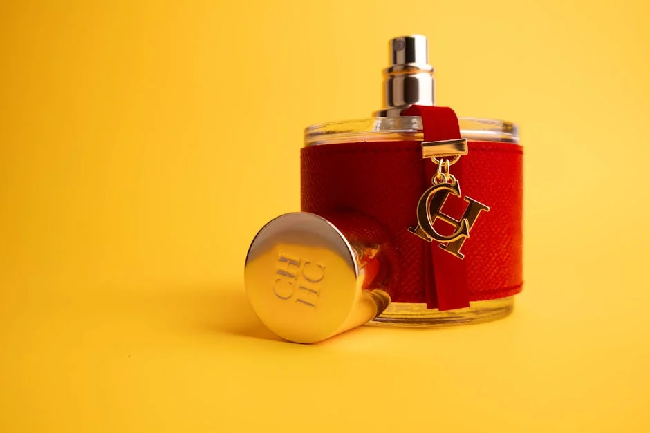Stylish red perfume bottle with gold detailing on a bright yellow backdrop, ideal for luxury advertising. - active perfume voucher codes for first time buyers