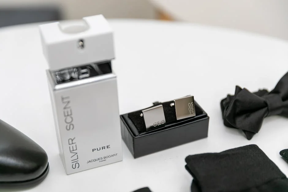 Stylish men's accessories featuring cufflinks and Silver Scent perfume on a sleek tabletop. - active perfume voucher codes for first time buyers