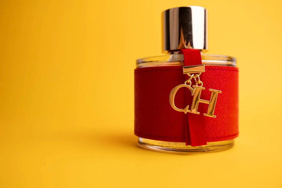 Luxury perfume bottle with red accent on a vibrant yellow background, showcasing elegance and style. - active perfume voucher codes for first time buyers