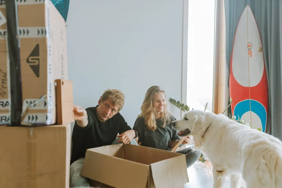 A cheerful couple unpacking boxes with their playful dog in a bright, modern living room. - affordable subscription box deals for pet owners