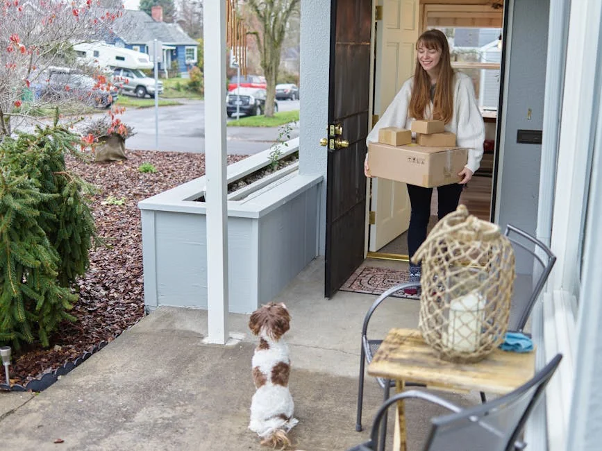 Smiling woman receives packages at her door, watched by a small dog. - affordable subscription box deals for pet owners