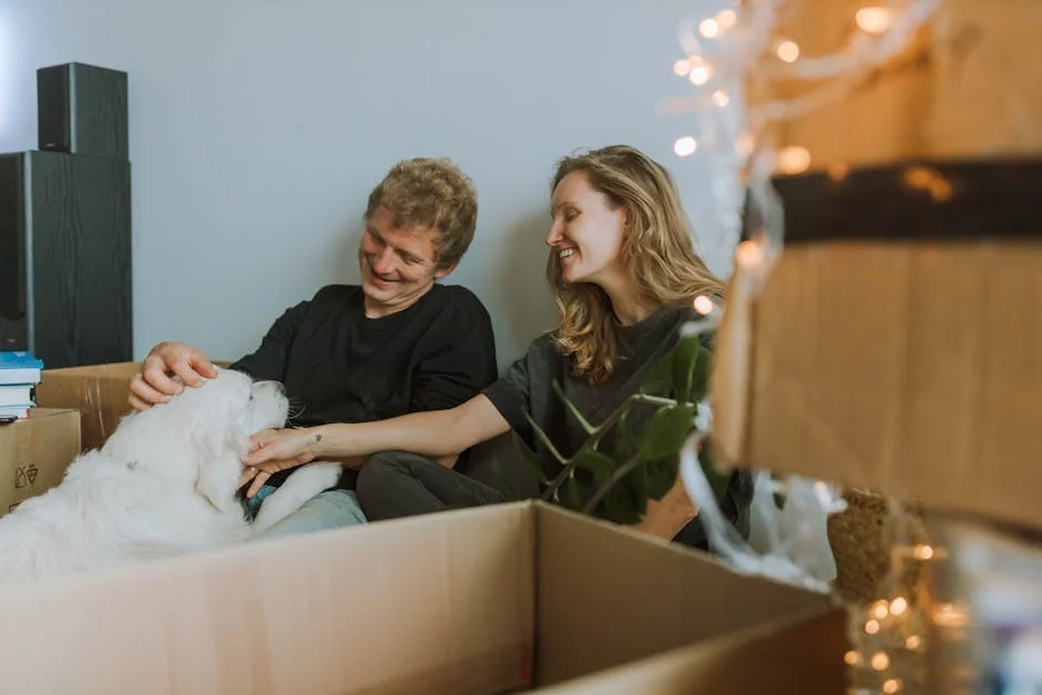 A cheerful couple bonding with their dog amid moving boxes, embracing a fresh start. - affordable subscription box deals for pet owners
