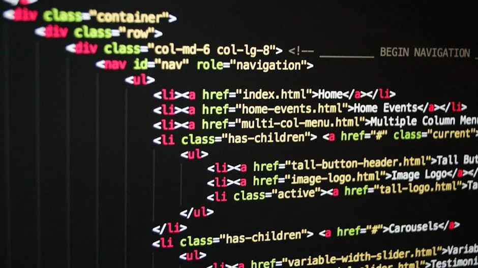 Close-up of vibrant HTML code displayed on a computer screen, showcasing web development and programming. - affordable web hosting promo codes for bloggers