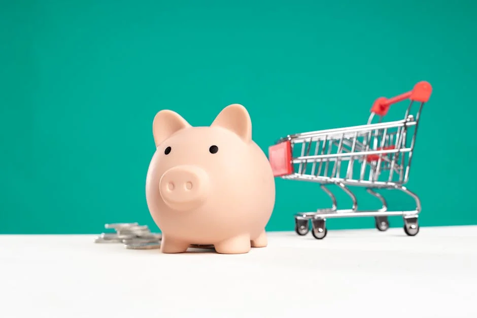 Piggy bank with shopping cart and coins on a white and teal background, symbolizing saving and spending. - shopping savings money - Best cashback apps to use with online coupons