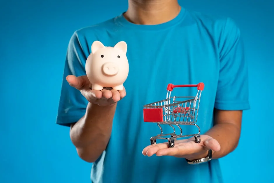 Man in blue shirt holding piggy bank and mini shopping cart, symbolizing savings versus spending. - shopping savings money - Best cashback apps to use with online coupons