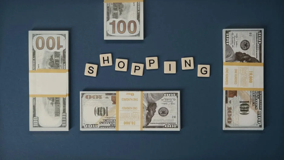Flat lay of US hundred dollar bills and Scrabble tiles spelling 'shopping', evoking financial and retail themes. - shopping savings money - Best cashback apps to use with online coupons