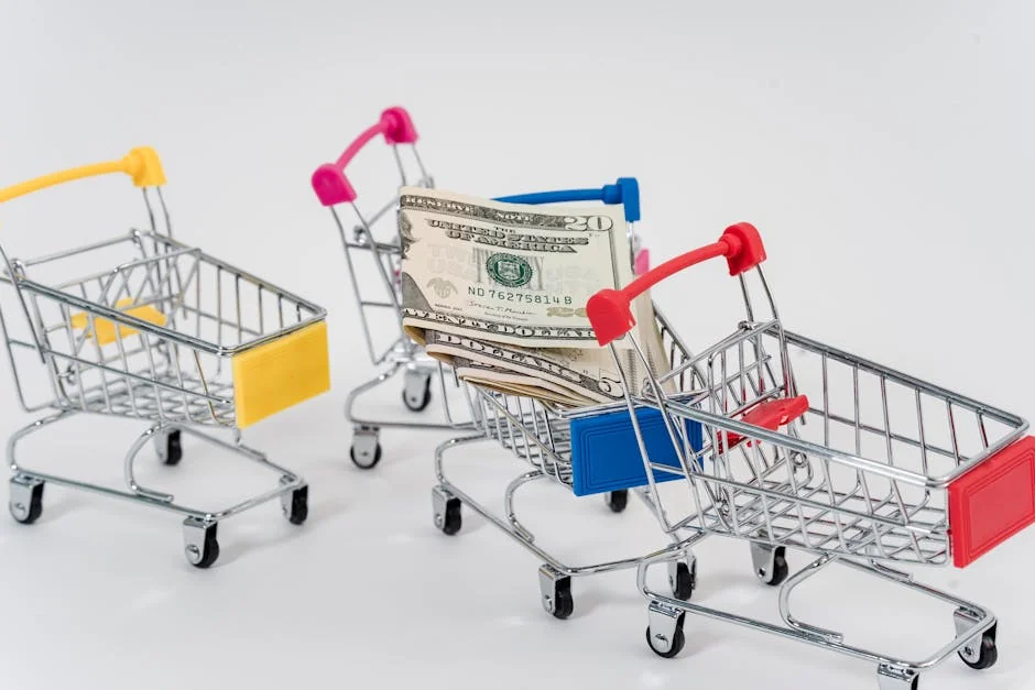 Miniature shopping carts containing dollar bills on a white background. - shopping savings money - Best cashback apps to use with online coupons