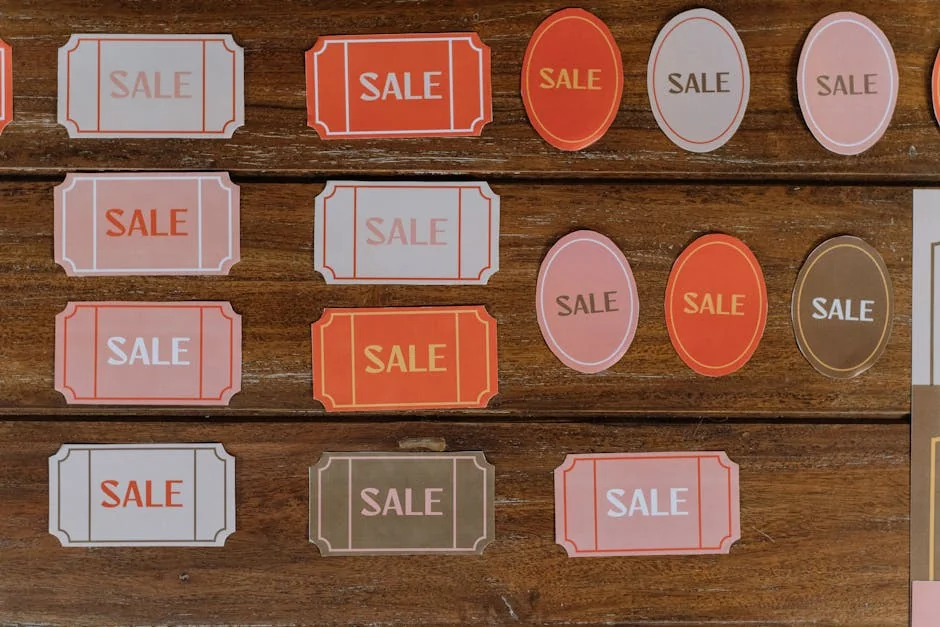 Various sale tags on a wooden surface ideal for retail marketing and promotions. - how to combine manufacturer coupons with store sales
