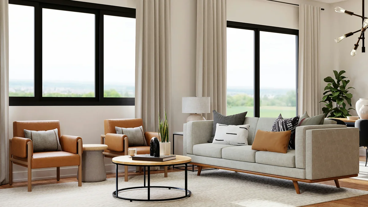 a view of a living room filled with furniture and a large window - daily updated home decor discount codes