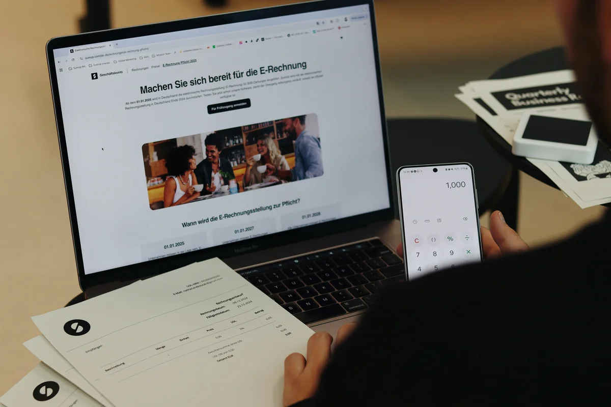 A user navigating an online invoicing system to manage digital payments. With SumUp, you can optimize your billing process. - exclusive software license discounts for small businesses