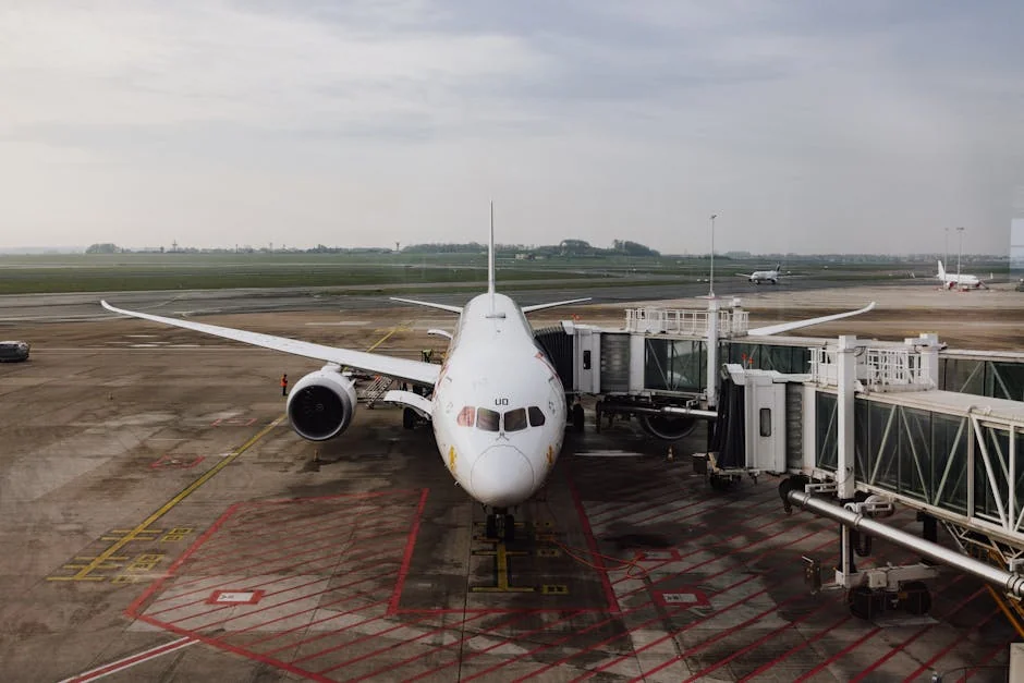 A modern jet airplane docked at an airport terminal gate, ready for boarding on a cloudy day. - airplane travel airport - Last minute flight deals and hotel voucher codes