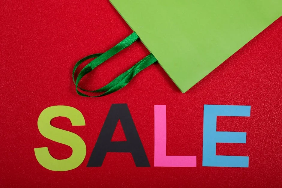 Vibrant sale text with green paper bag on a red background, perfect for promotions. - limited time luxury fashion sales online