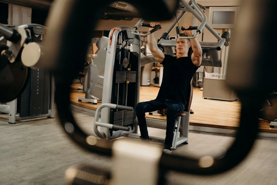 A man working out on a gym machine, focusing on upper body strength training. - exercise workout gym - New year resolution fitness gear promo codes